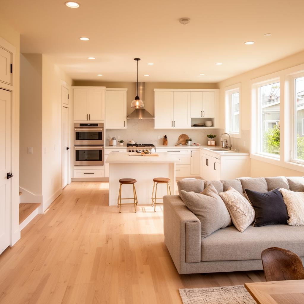 Interior living room and kitchen of a finished ADU by California ADU Center